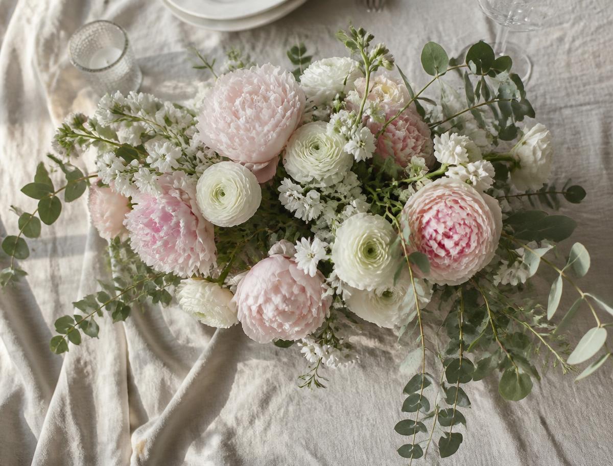 A premium floral arrangement of blush peonies and white ranunculus on linen